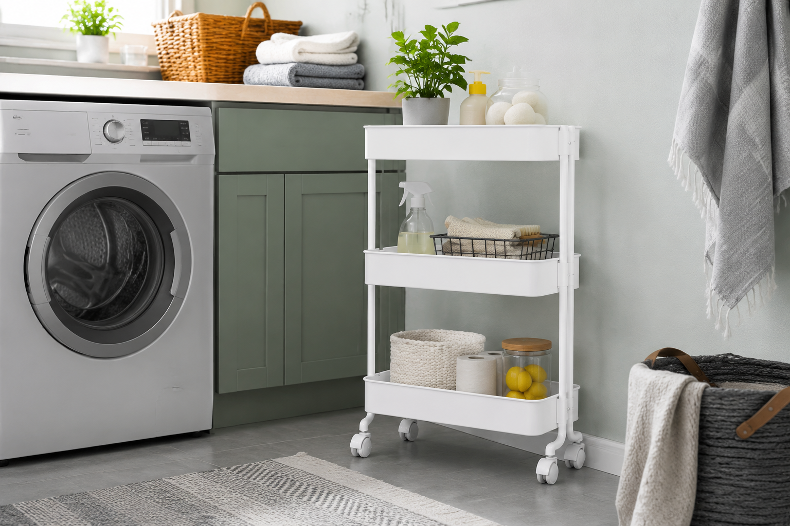 Slim Rolling Cart in a tidy utility room