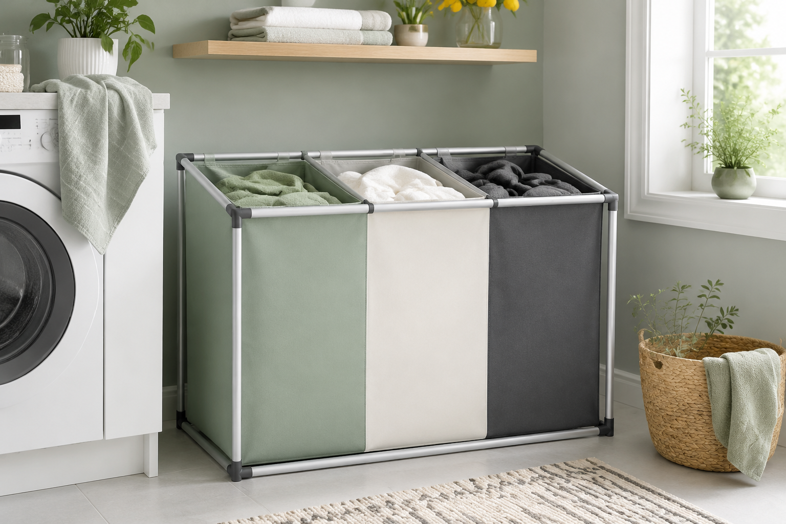 Triple Sort Laundry Hamper in a tidy utility room