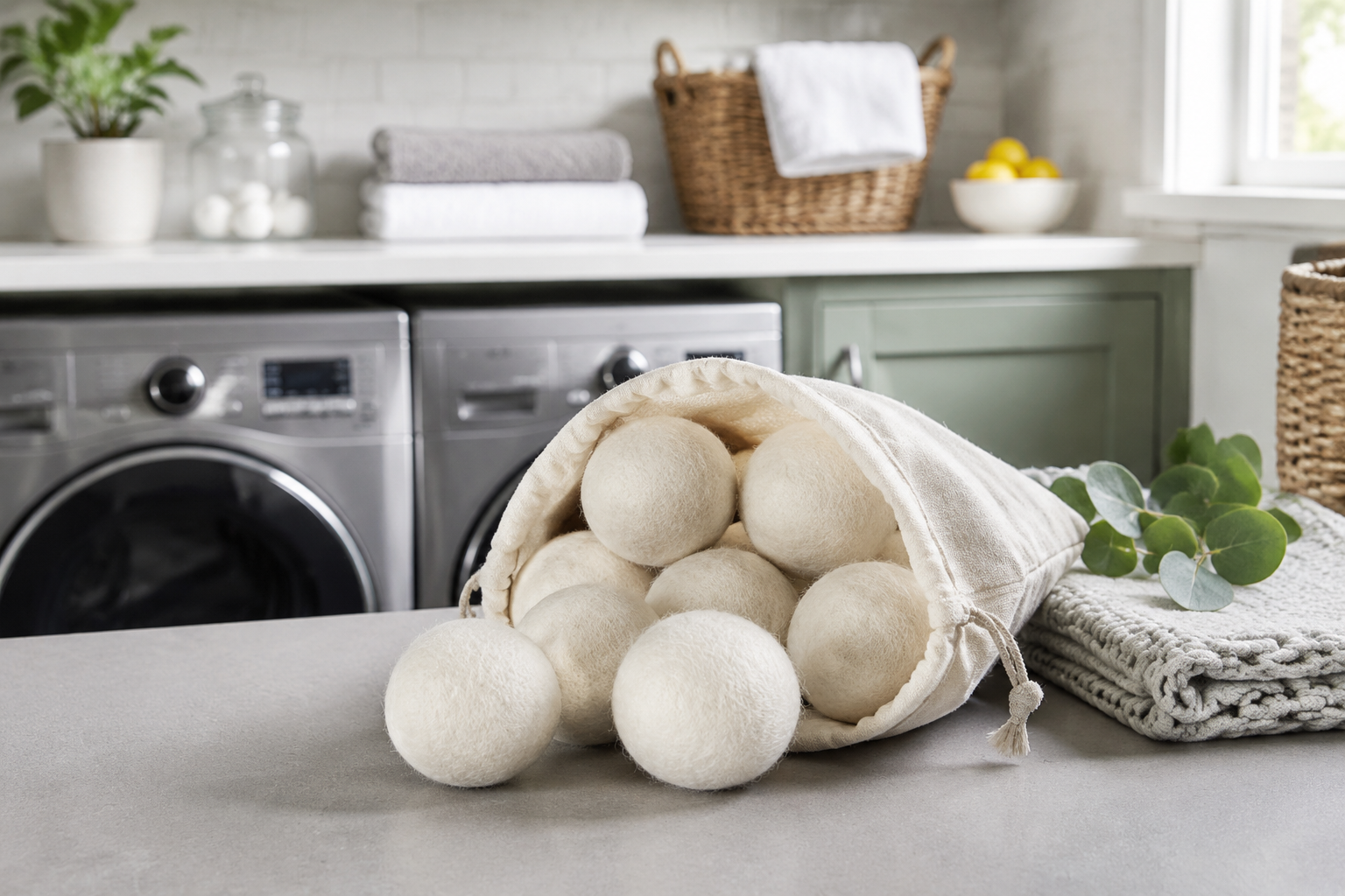 Wool Dryer Balls (8) in a tidy utility room
