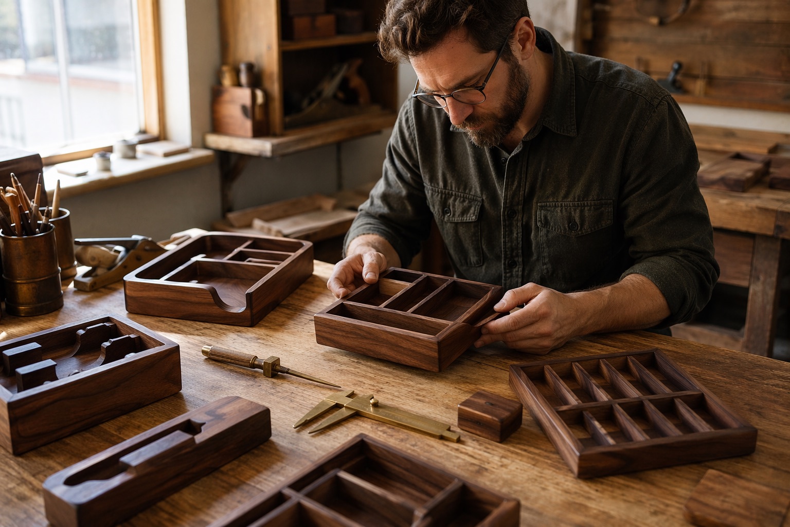 A workshop bench arranging wooden tabletop organisers