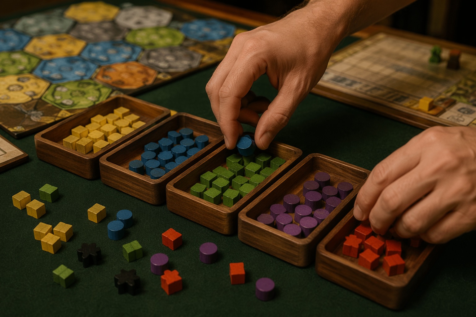 Hands tidying game tokens into wooden trays