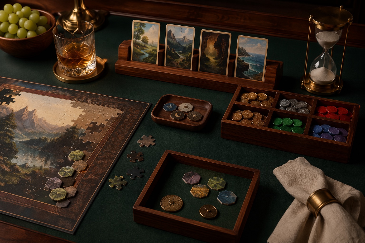 A dark green game table set with wooden trays, a card rail, a puzzle board and a brass sand timer
